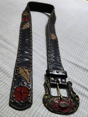 VINTAGE Leatherock Black Belt with Red and Tan Insets and Decorative Buckle